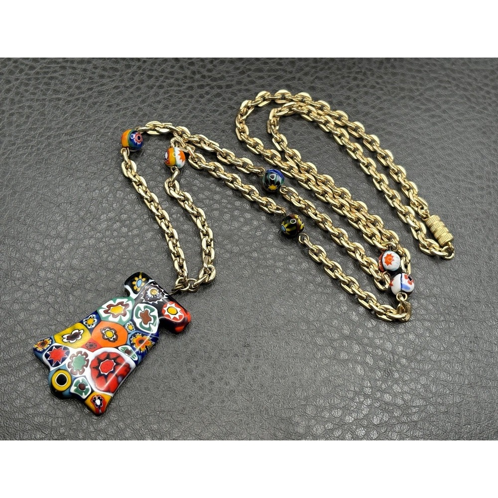 Vintage Millefiori Murano Large Pendant Necklace Gold Tone Chain 28" Long - Picture 4 of 12